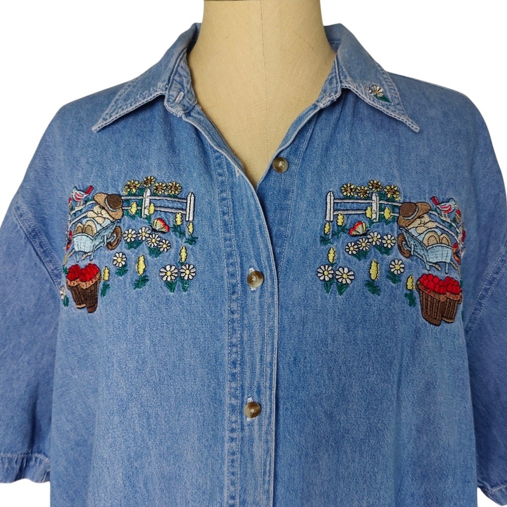 VTG 90s Denim Button Down Apple Picking Embroidered Shirt Blue XL Cottagecore